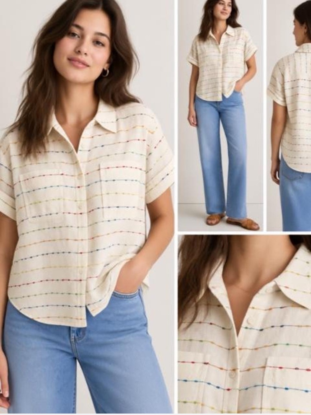 Madewell Cream Short-Sleeve Button-Down with Multicolor Stripe Stitching